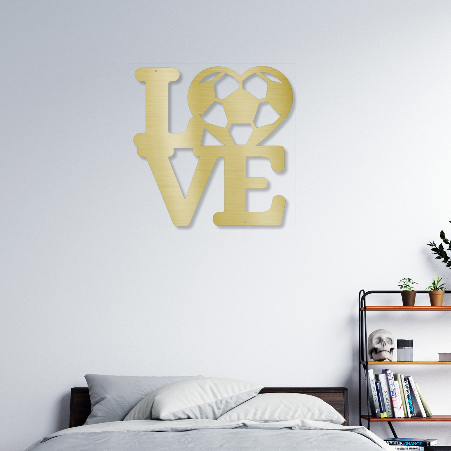 Modern bedroom with a bed, shelves, and decorative gold colored 'LOVE' wall art.