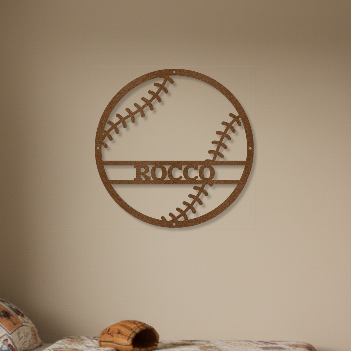Baseball-themed bedroom with bed, and personalized metal wall decor