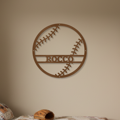 Baseball-themed bedroom with bed, and personalized metal wall decor