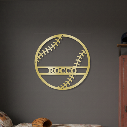 Baseball-themed bedroom with 'Rocco' Gold metal wall sign. 