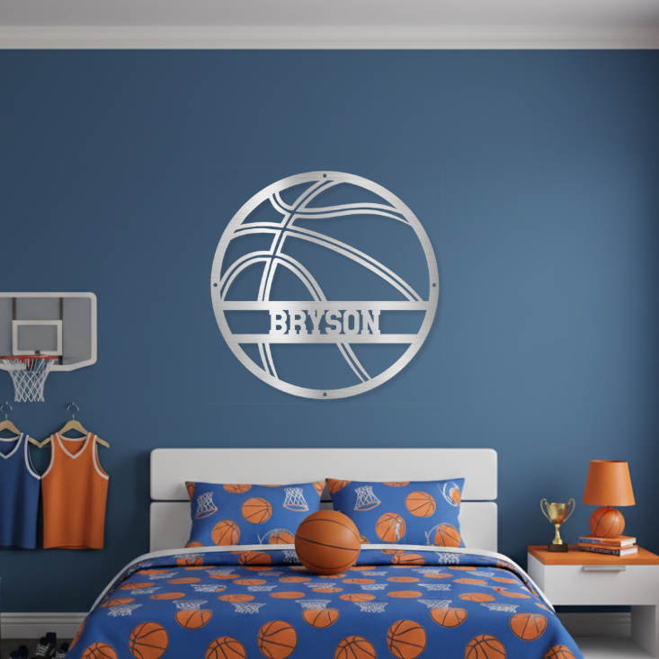 Children's bedroom with basketball theme decor, including bedspread, wall art, and sports-themed furniture.