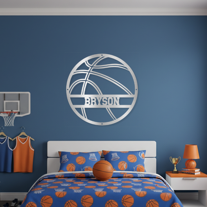 Children's bedroom with basketball theme decor, including bedspread, wall art, and sports-themed furniture.