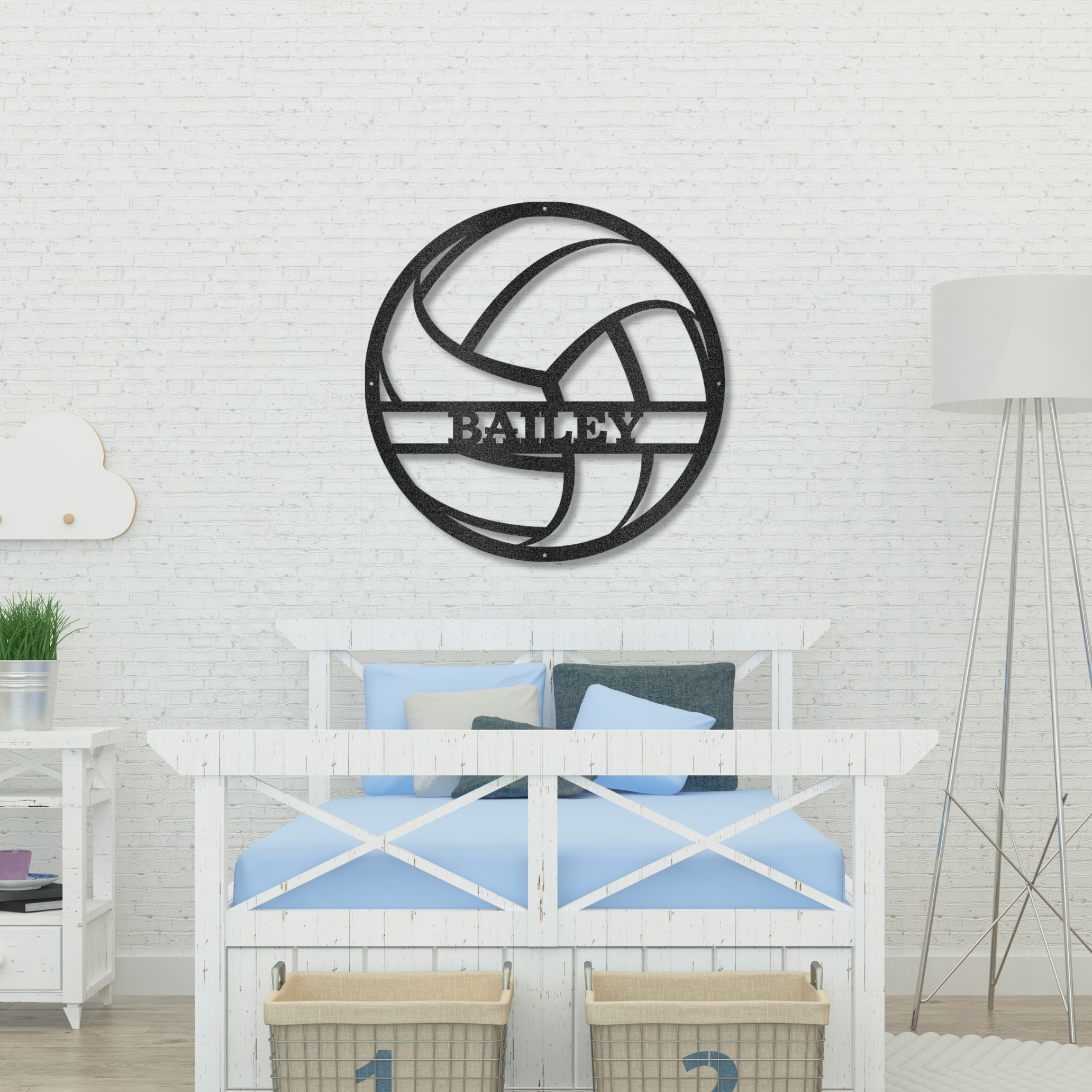 Decorative wall art of a volleyball with the name 'Bailey' branding in a room setting.