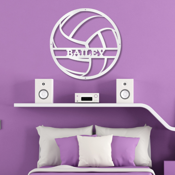 Purple bedroom with decorative metal wall art and shelves.