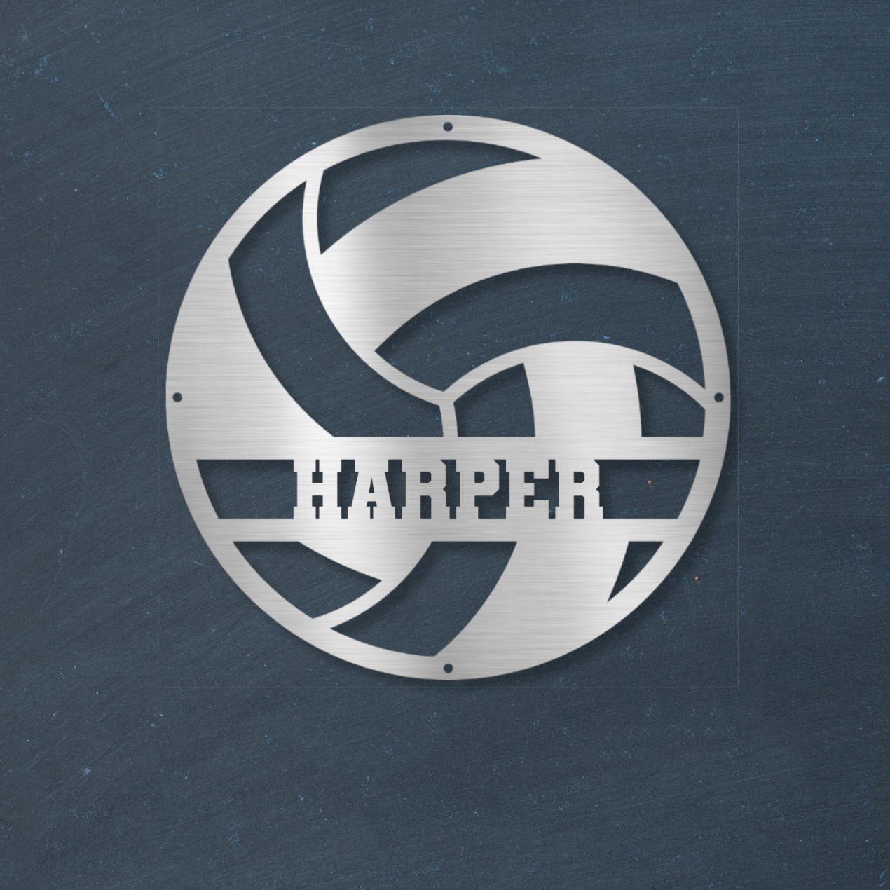 Metal wall art of a volleyball with 'Harper' branding on a blue wall.
