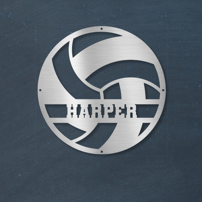 Metal wall art of a volleyball with 'Harper' branding on a blue wall.